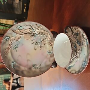 Japanese Moriage Dragonware Tea Cup, Saucer & Dessert Plate (Set 1 of 6)